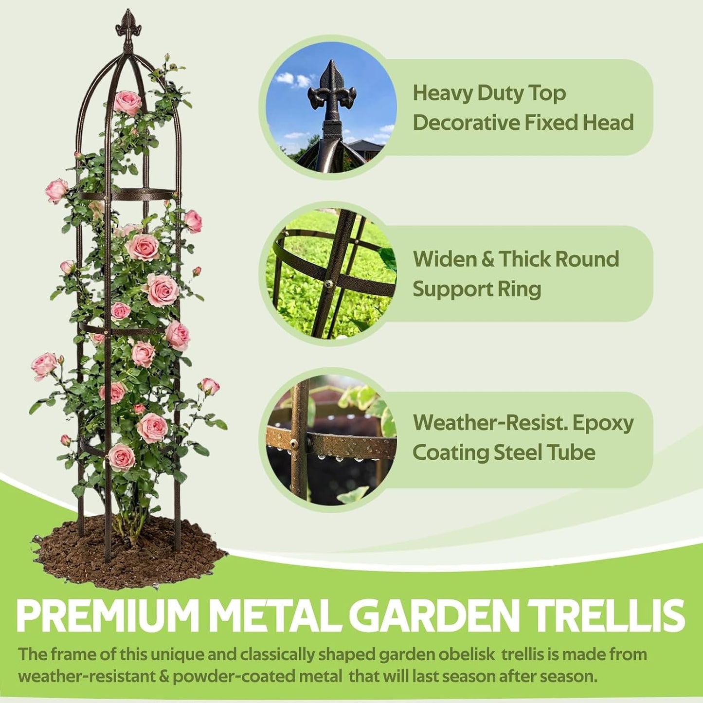 Garden Trellis for Climbing Plants Outdoor - Unique Umbrella Top Round Trellis for Indoor Potted Plant - 64" Tall Rustproof PE Coated Metal Pipe Obelisk Support Ivy Vine Rose Grape Vegetable