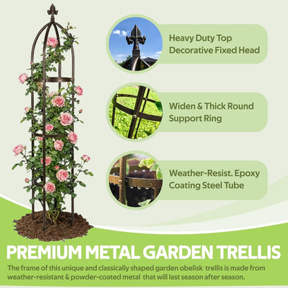 Garden Trellis for Climbing Plants Outdoor - Unique Umbrella Top Round Trellis for Indoor Potted Plant - 64" Tall Rustproof PE Coated Metal Pipe Obelisk Support Ivy Vine Rose Grape Vegetable