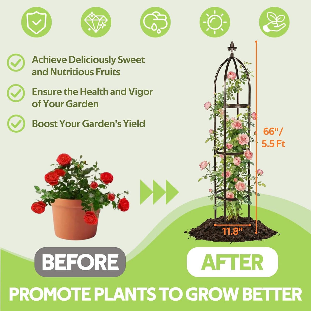 Garden Trellis for Climbing Plants Outdoor - Unique Umbrella Top Round Trellis for Indoor Potted Plant - 64" Tall Rustproof PE Coated Metal Pipe Obelisk Support Ivy Vine Rose Grape Vegetable