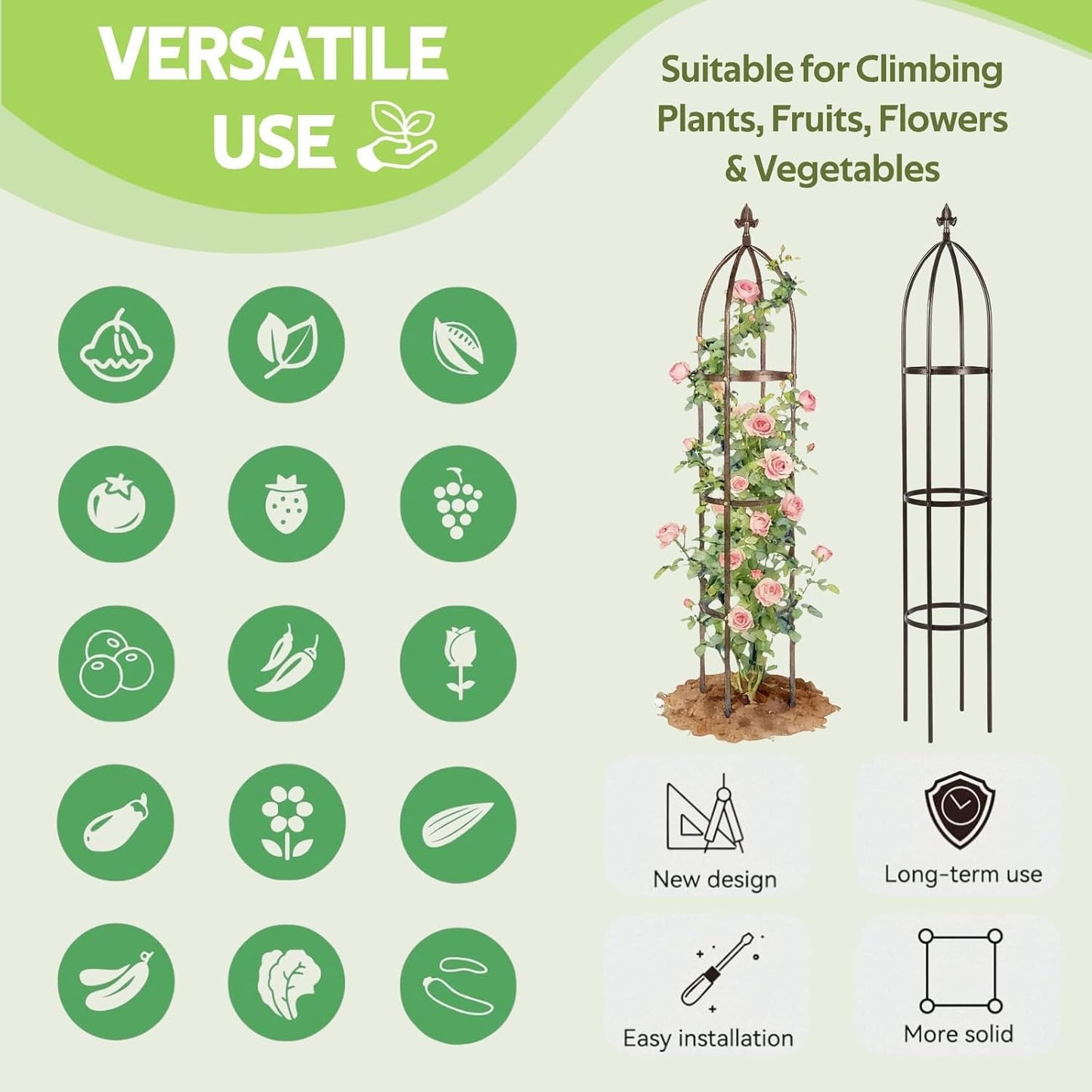Garden Trellis for Climbing Plants Outdoor - Unique Umbrella Top Round Trellis for Indoor Potted Plant - 64" Tall Rustproof PE Coated Metal Pipe Obelisk Support Ivy Vine Rose Grape Vegetable