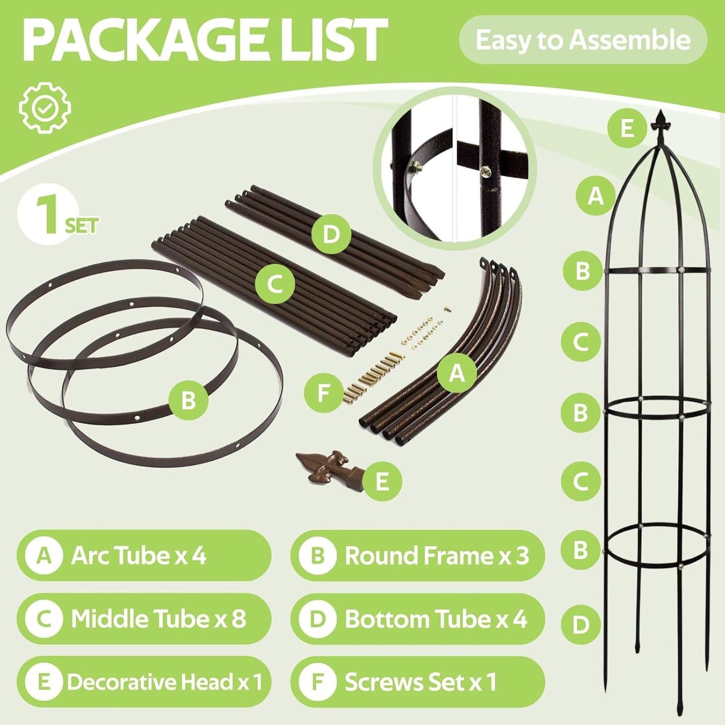 Garden Trellis for Climbing Plants Outdoor - Unique Umbrella Top Round Trellis for Indoor Potted Plant - 64" Tall Rustproof PE Coated Metal Pipe Obelisk Support Ivy Vine Rose Grape Vegetable
