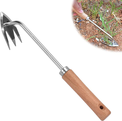 Stainless Steel Multifunctional Weeder, Hand Weeder Tool Stand Up Weed Puller Tool with Long Handle, V-Shaped Light Duty Hand Weeder for Lawn Garden Yard Farmland Weed Removal (Wood Handle)