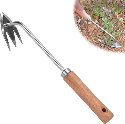 Stainless Steel Multifunctional Weeder, Hand Weeder Tool Stand Up Weed Puller Tool with Long Handle, V-Shaped Light Duty Hand Weeder for Lawn Garden Yard Farmland Weed Removal (Wood Handle)