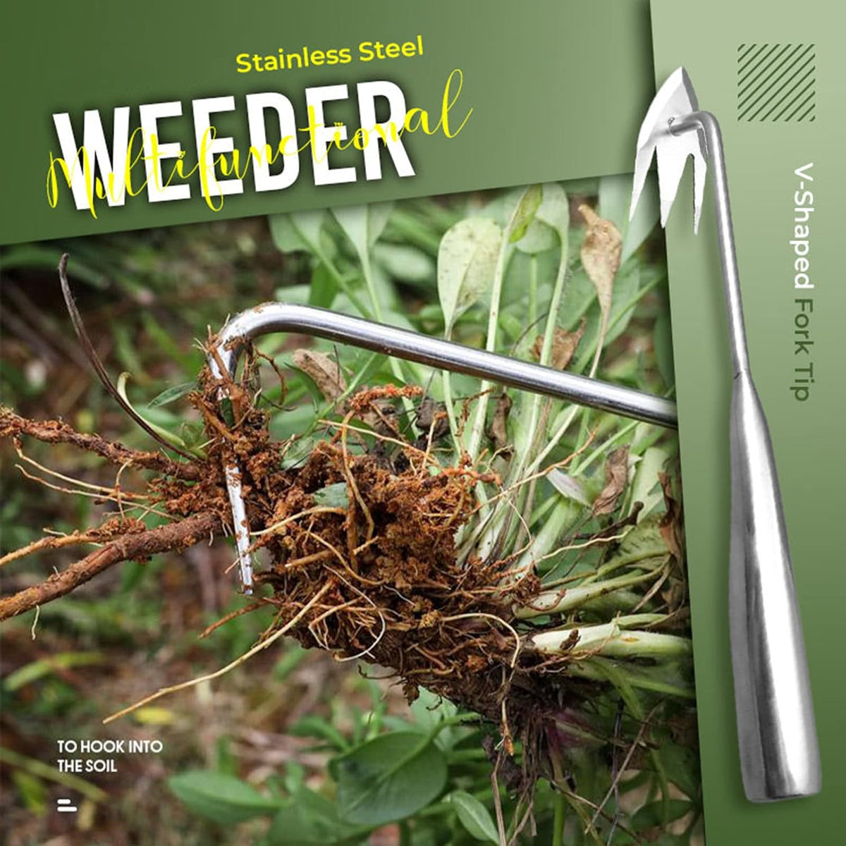 Stainless Steel Multifunctional Weeder, Hand Weeder Tool Stand Up Weed Puller Tool with Long Handle, V-Shaped Light Duty Hand Weeder for Lawn Garden Yard Farmland Weed Removal (Wood Handle)