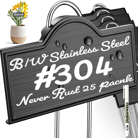 Metal Plant Labels Stainless Steel 304, Weatherproof Garden Label Tall Markers 25 Pack for Outdoor Plants Vegetables Herb Seedlings Flowers with a Pen, Label Area 3.74'' x 1.39'' Height 10.75 Inch