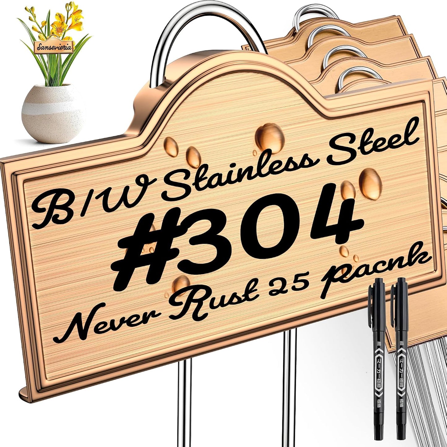 Metal Plant Labels Stainless Steel 304, Weatherproof Garden Label Tall Markers 25 Pack for Outdoor Plants Vegetables Herb Seedlings Flowers with a Pen, Label Area 3.74'' x 1.39'' Height 10.75 Inch