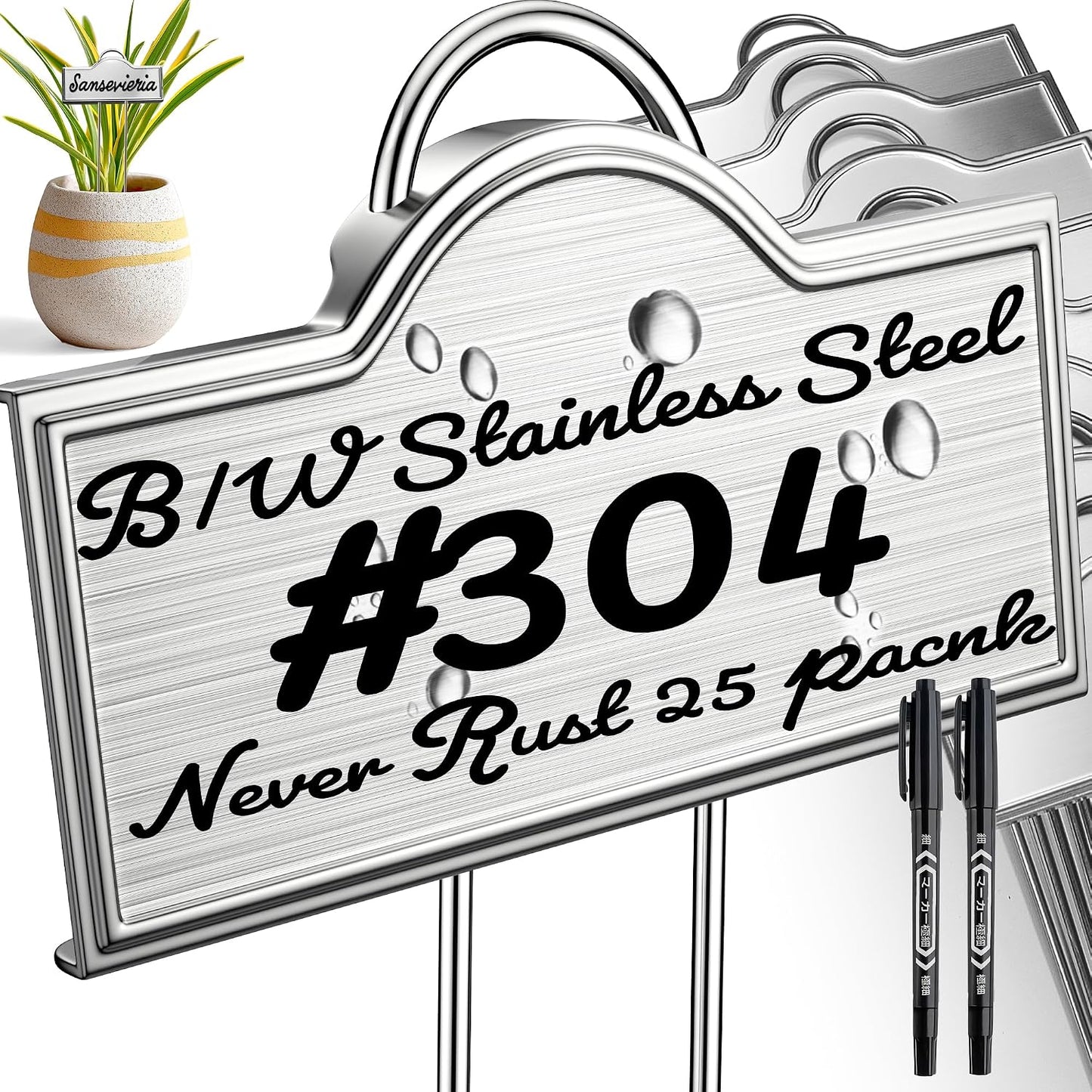 Metal Plant Labels Stainless Steel 304, Weatherproof Garden Label Tall Markers 25 Pack for Outdoor Plants Vegetables Herb Seedlings Flowers with a Pen, Label Area 3.74'' x 1.39'' Height 10.75 Inch