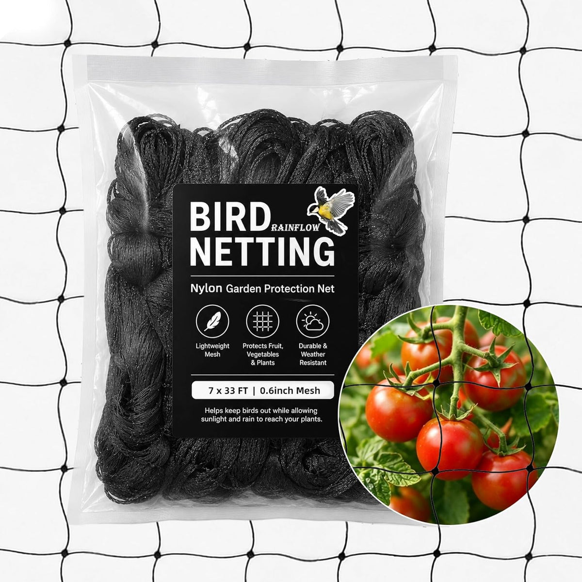 Bird Netting for Garden - 7 x 33 FT Soft Nylon Black Poultry Mesh