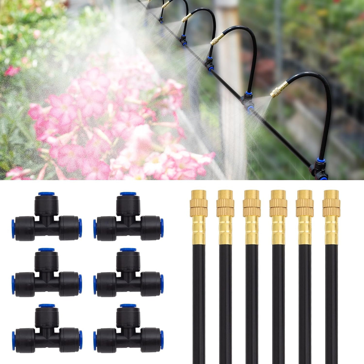 Drip Irrigation System Kit with 16 Pcs Adjustable Brass Nozzles & Bendable Spay Arm,120ft Garden Watering Misting System for Outdoor Raised Bed, Potted Plant, Yard, Greenhouse