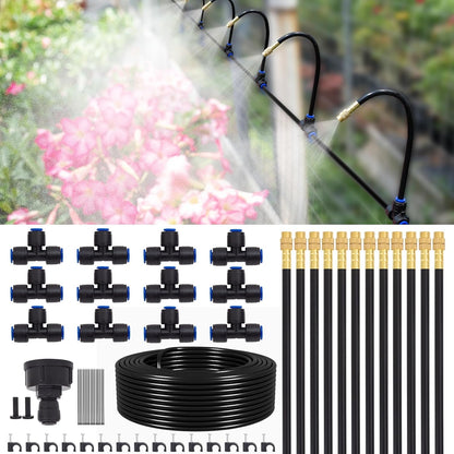 Drip Irrigation System Kit with 16 Pcs Adjustable Brass Nozzles & Bendable Spay Arm,120ft Garden Watering Misting System for Outdoor Raised Bed, Potted Plant, Yard, Greenhouse