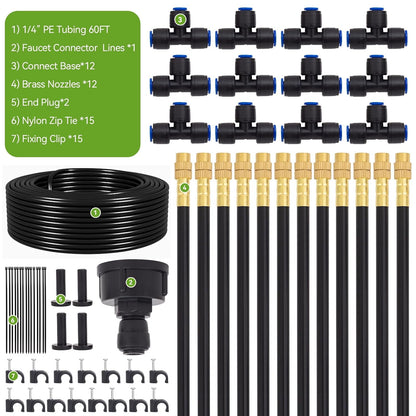 Drip Irrigation System Kit with 16 Pcs Adjustable Brass Nozzles & Bendable Spay Arm,120ft Garden Watering Misting System for Outdoor Raised Bed, Potted Plant, Yard, Greenhouse