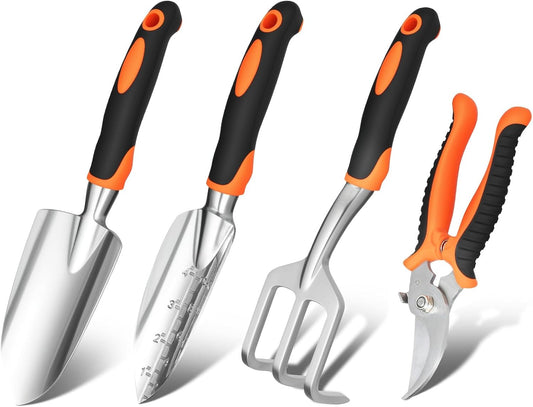 Garden Tool Set, 4Pcs Aluminum Heavy Duty Gardening Tool Set, Include Shovel, Transplant Trowel, Hand Cultivator and Shear with Rubberiz NonSlip Ergonomic Handle, Gardening Kit for Women Men