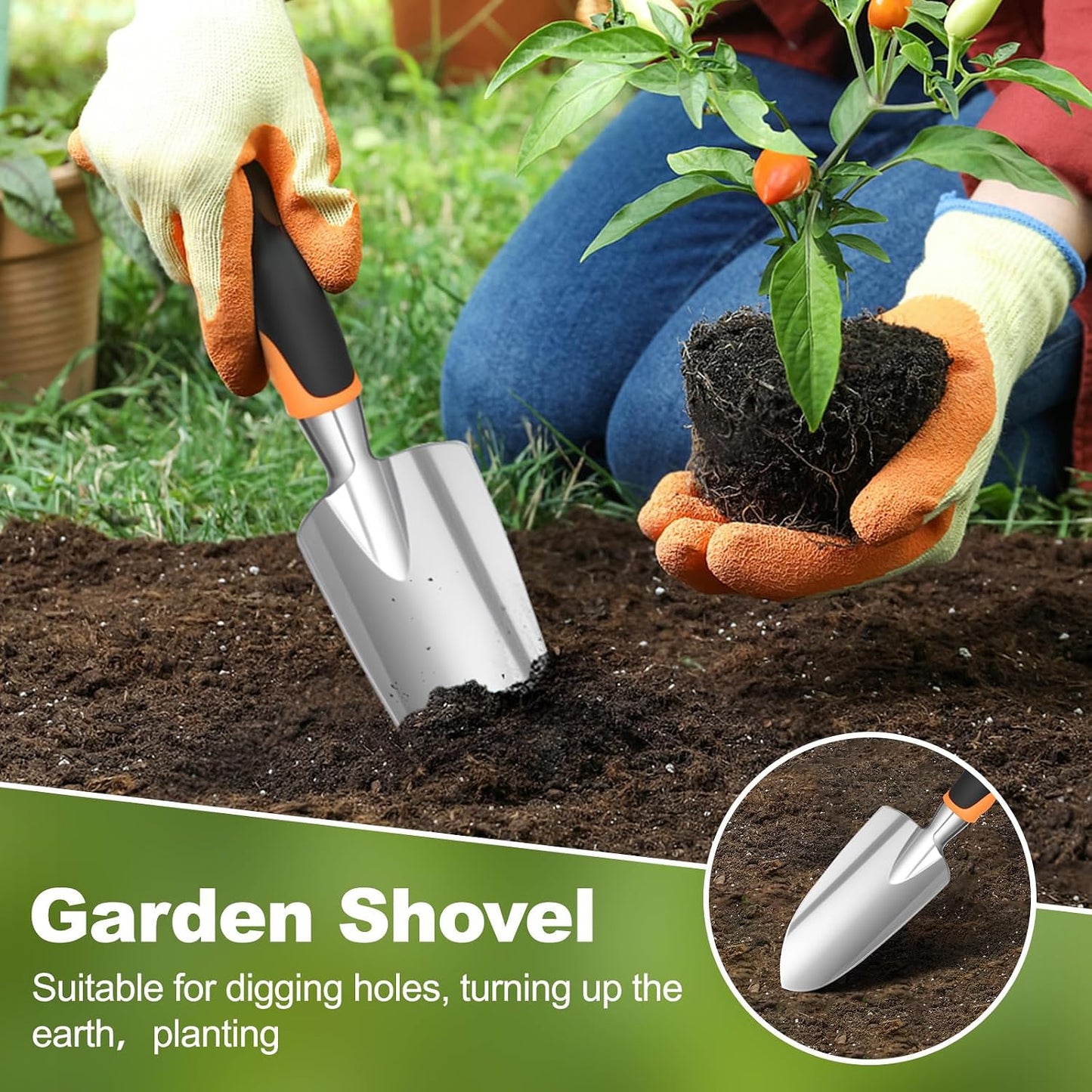 Garden Tool Set, 4Pcs Aluminum Heavy Duty Gardening Tool Set, Include Shovel, Transplant Trowel, Hand Cultivator and Shear with Rubberiz NonSlip Ergonomic Handle, Gardening Kit for Women Men