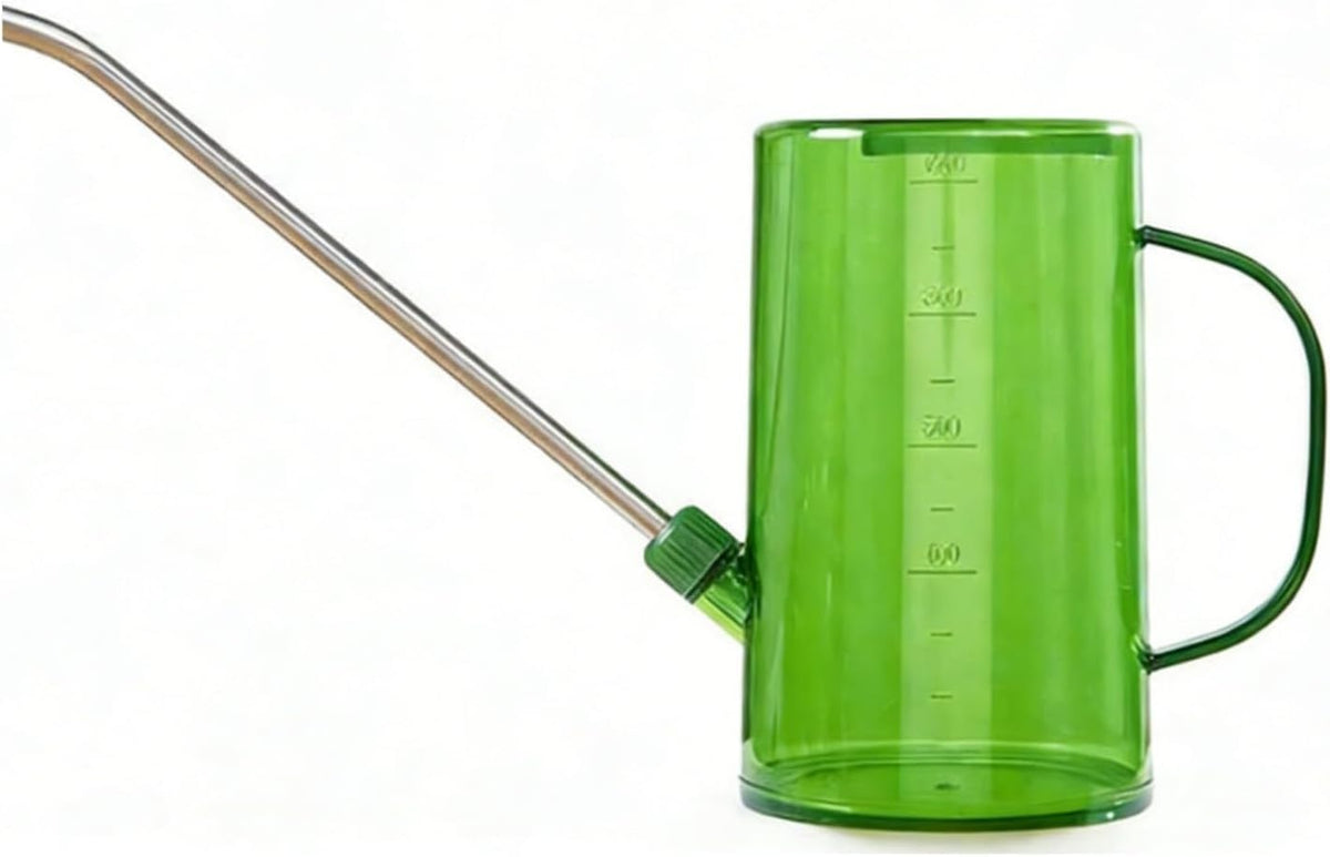 Goose Neck Watering Can, 1L/1000ml Watering Can for Indoor Plants Clear Plastic Water Can with Stainless Steel Long Spout for Home Office(Green)