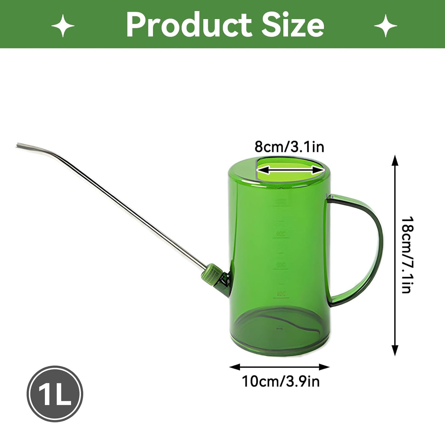 Goose Neck Watering Can, 1L/1000ml Watering Can for Indoor Plants Clear Plastic Water Can with Stainless Steel Long Spout for Home Office(Green)