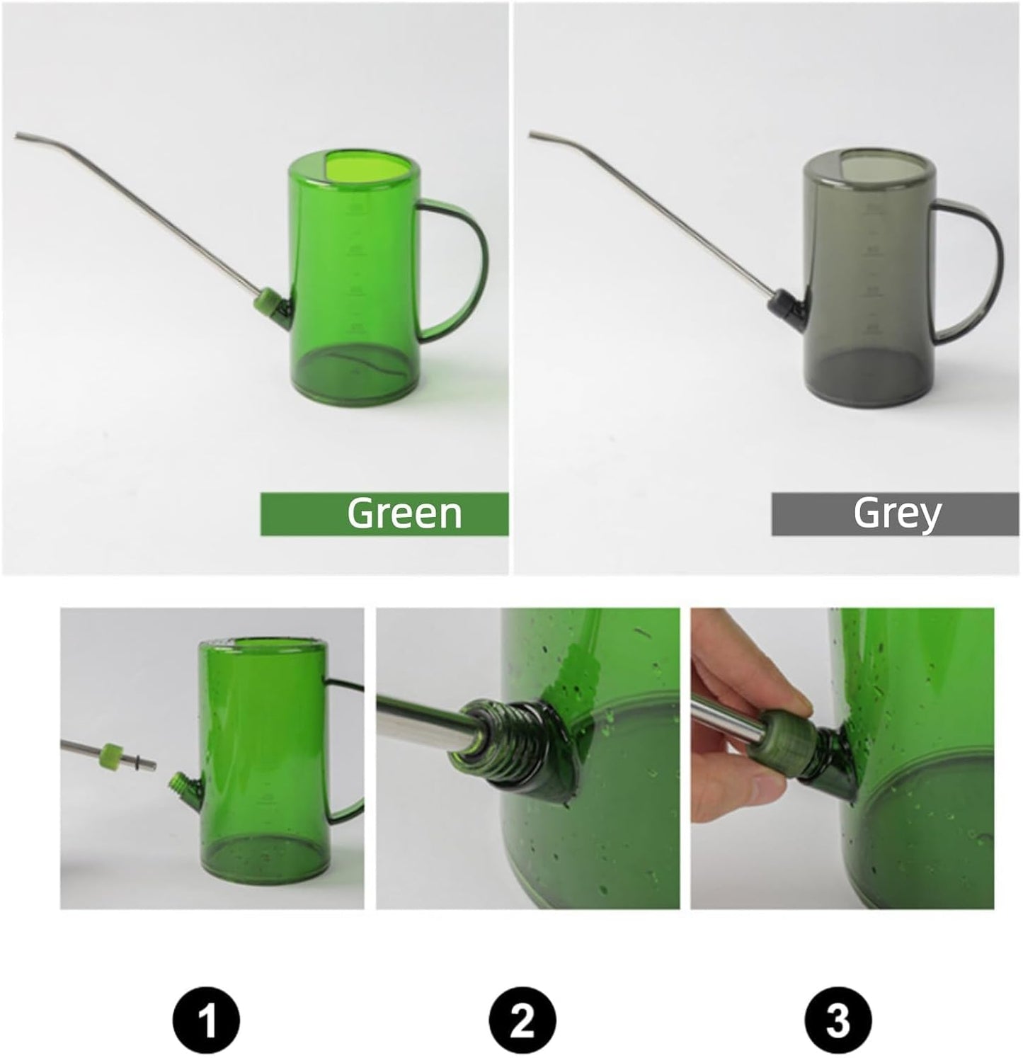 Goose Neck Watering Can, 1L/1000ml Watering Can for Indoor Plants Clear Plastic Water Can with Stainless Steel Long Spout for Home Office(Green)
