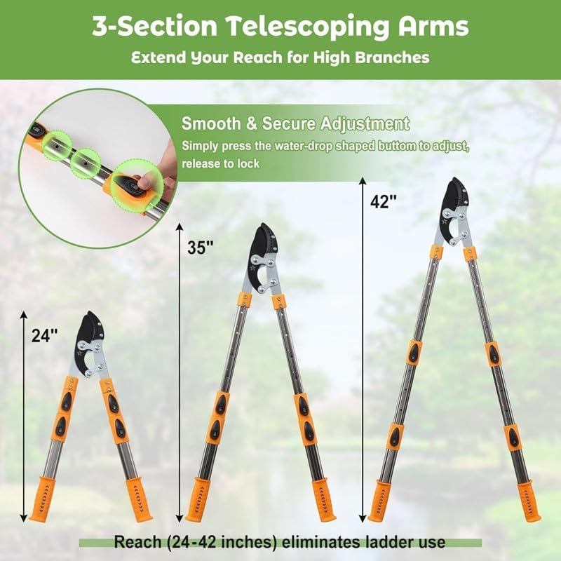 24"-42" Extendable Lopper, Heavy-Duty Tree Trimmer with SK5 Steel Blade, Telescopic Branch Cutter for 1.8" Thick Branches