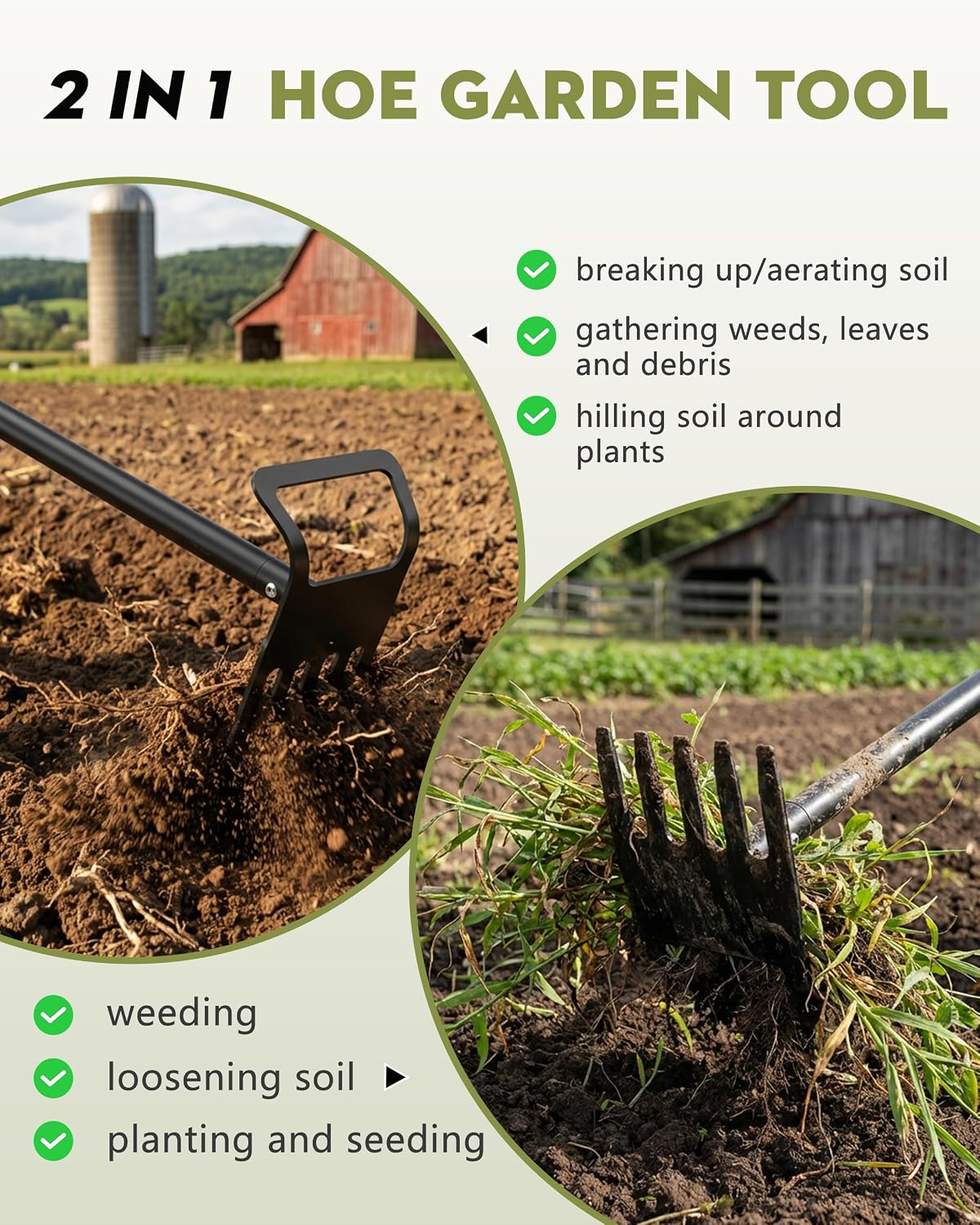 Garden Hoe, 60 Inch Adjustable 2-in-1 Hoe Garden Tool, Sharp Blade for Weeding & Soil Loosening in Garden & Yard