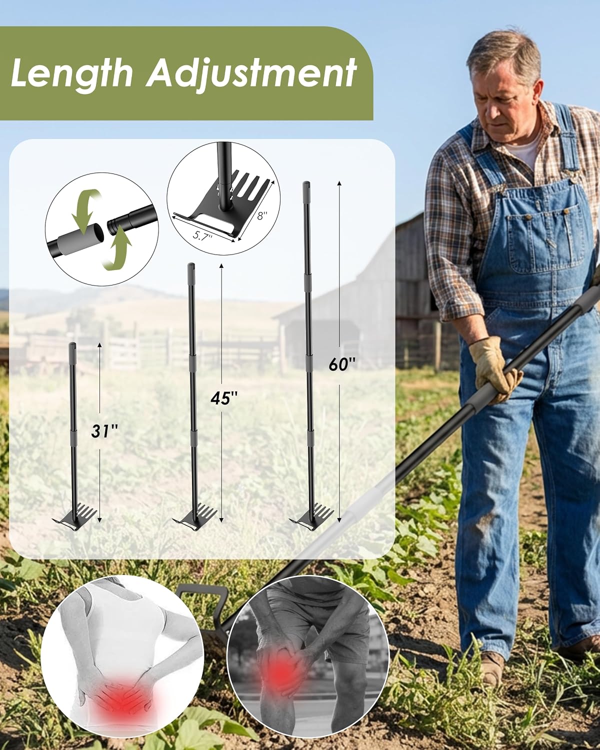 Garden Hoe, 60 Inch Adjustable 2-in-1 Hoe Garden Tool, Sharp Blade for Weeding & Soil Loosening in Garden & Yard