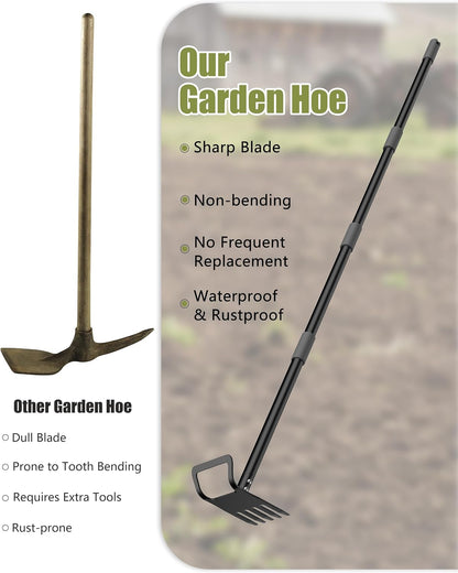 Garden Hoe, 60 Inch Adjustable 2-in-1 Hoe Garden Tool, Sharp Blade for Weeding & Soil Loosening in Garden & Yard