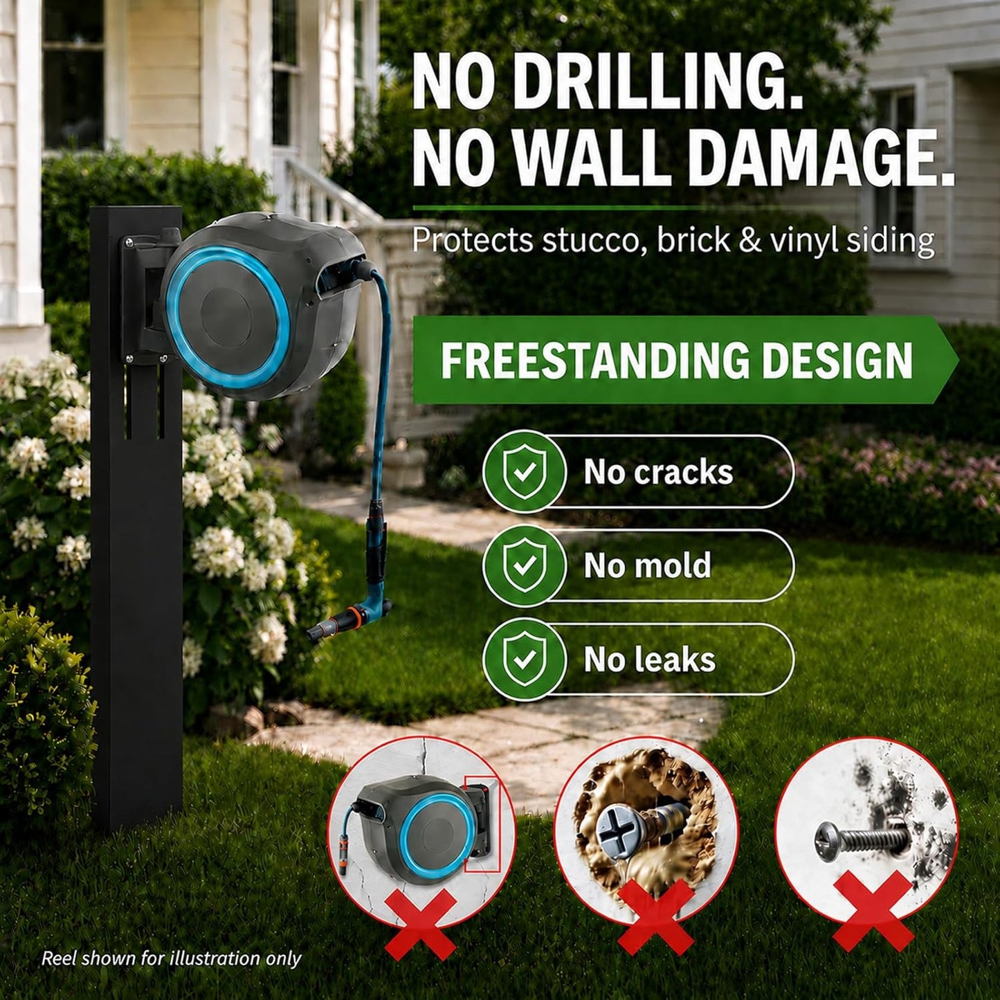 Retractable Garden Hose Reel Mounting Post, Universal Retractable Garden Hose Reel Stand,Compatible with All Wall-Mounted Reels