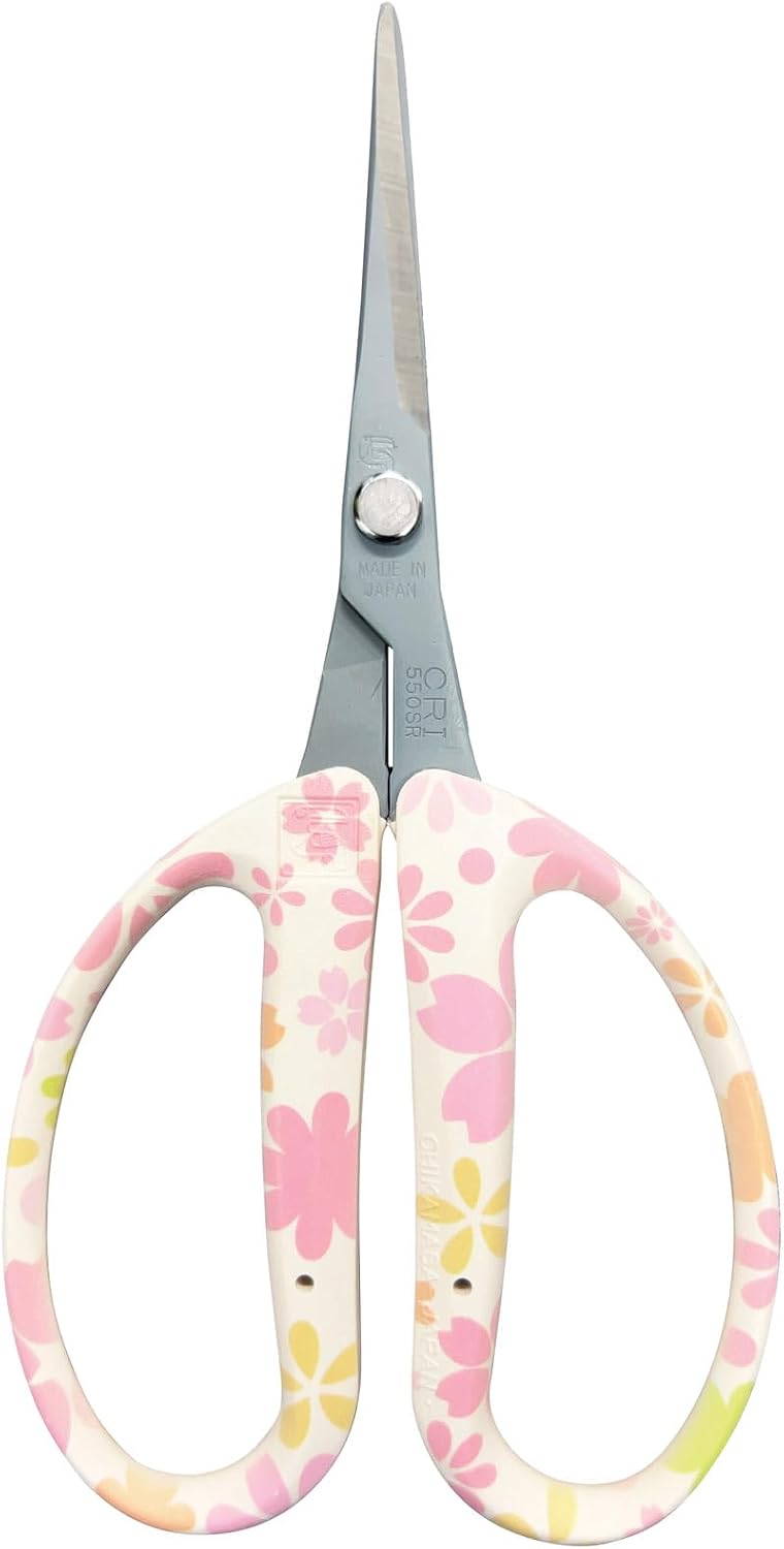 CHIKAMASA CRI-550SRF(Cherry Blossom), The Specialty Trimming Precise Scissors, Stainless Steel with Fluorine Coating, Curved Blade for Trimming, harvesting vegetables and fruit. (Cherry Blossom)