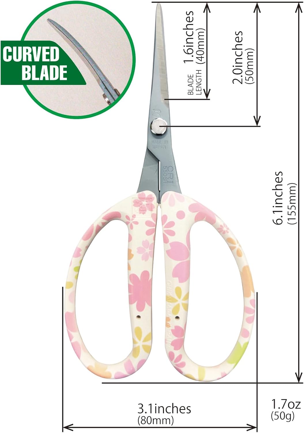 CHIKAMASA CRI-550SRF(Cherry Blossom), The Specialty Trimming Precise Scissors, Stainless Steel with Fluorine Coating, Curved Blade for Trimming, harvesting vegetables and fruit. (Cherry Blossom)