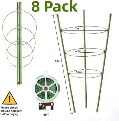 8 Pack Tomato Cage, 18 inches Plant Support Cages for Garden, Upgrade Garden Plant Stakes with Adjustable Rings, Plants Trellis for Tomato, Flower, Climbing Plants, with Twist Tie