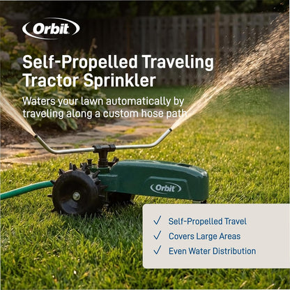 Traveling Tractor Water Sprinkler - Self-Propelled Traveling Sprinkler for Wide Lawn Coverage - Cast-Iron Body with Adjustable Coverage - Three-Speed - Automatic Shut Off - 58322