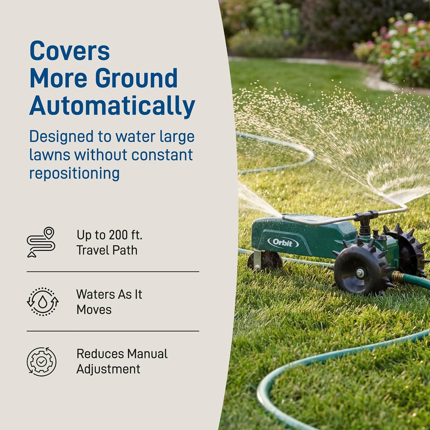 Traveling Tractor Water Sprinkler - Self-Propelled Traveling Sprinkler for Wide Lawn Coverage - Cast-Iron Body with Adjustable Coverage - Three-Speed - Automatic Shut Off - 58322