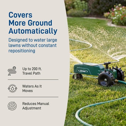 Traveling Tractor Water Sprinkler - Self-Propelled Traveling Sprinkler for Wide Lawn Coverage - Cast-Iron Body with Adjustable Coverage - Three-Speed - Automatic Shut Off - 58322