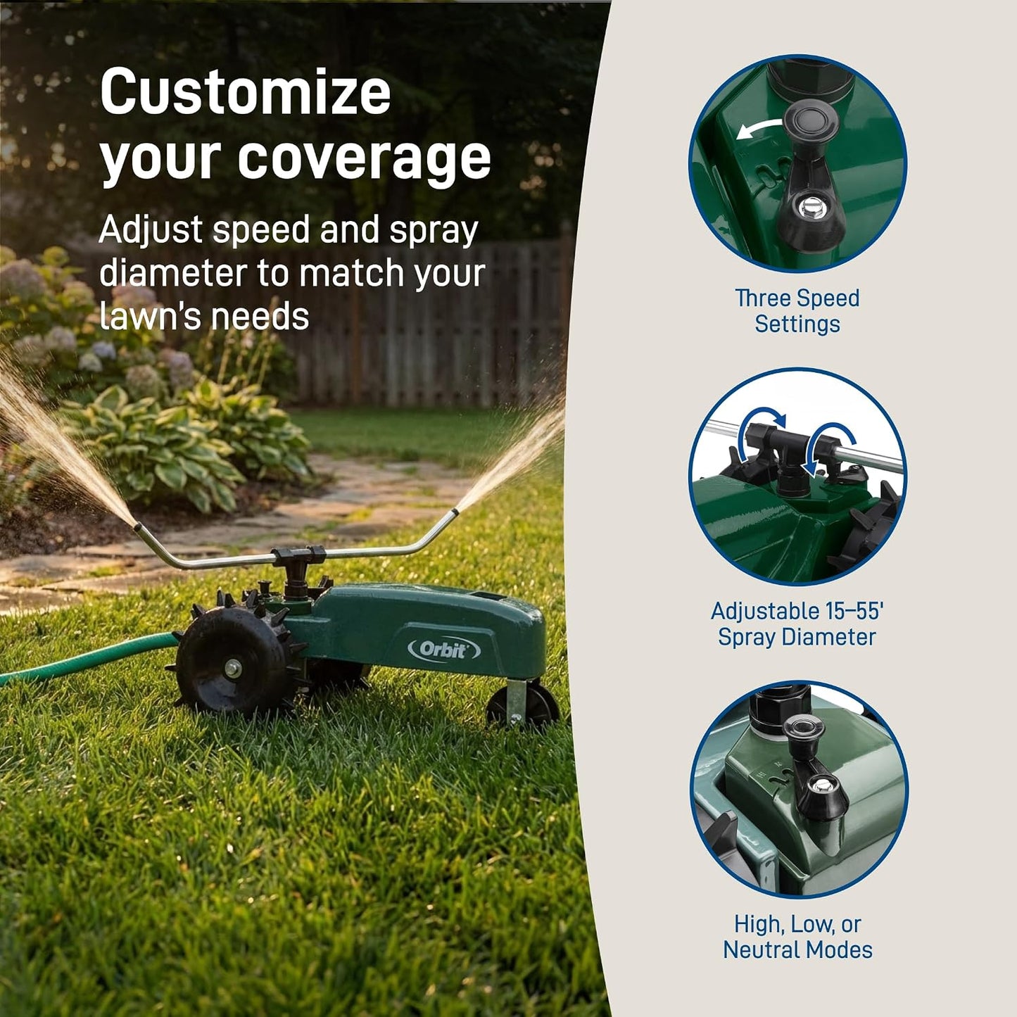Traveling Tractor Water Sprinkler - Self-Propelled Traveling Sprinkler for Wide Lawn Coverage - Cast-Iron Body with Adjustable Coverage - Three-Speed - Automatic Shut Off - 58322
