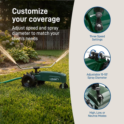 Traveling Tractor Water Sprinkler - Self-Propelled Traveling Sprinkler for Wide Lawn Coverage - Cast-Iron Body with Adjustable Coverage - Three-Speed - Automatic Shut Off - 58322