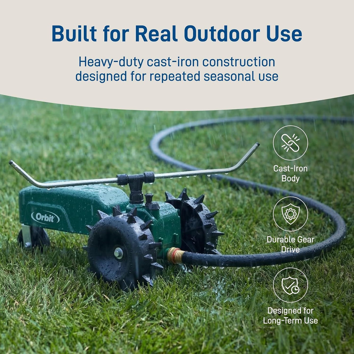 Traveling Tractor Water Sprinkler - Self-Propelled Traveling Sprinkler for Wide Lawn Coverage - Cast-Iron Body with Adjustable Coverage - Three-Speed - Automatic Shut Off - 58322