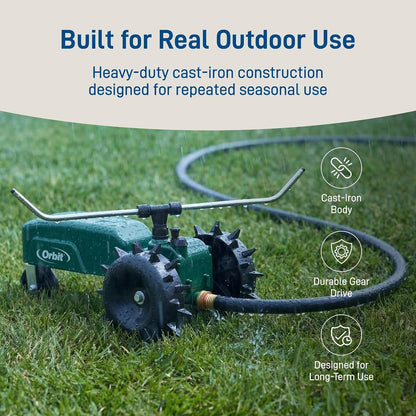 Traveling Tractor Water Sprinkler - Self-Propelled Traveling Sprinkler for Wide Lawn Coverage - Cast-Iron Body with Adjustable Coverage - Three-Speed - Automatic Shut Off - 58322