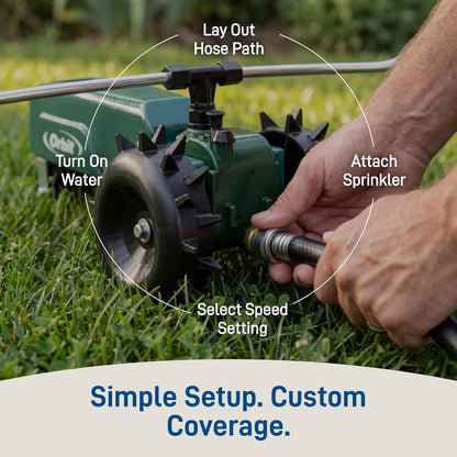 Traveling Tractor Water Sprinkler - Self-Propelled Traveling Sprinkler for Wide Lawn Coverage - Cast-Iron Body with Adjustable Coverage - Three-Speed - Automatic Shut Off - 58322