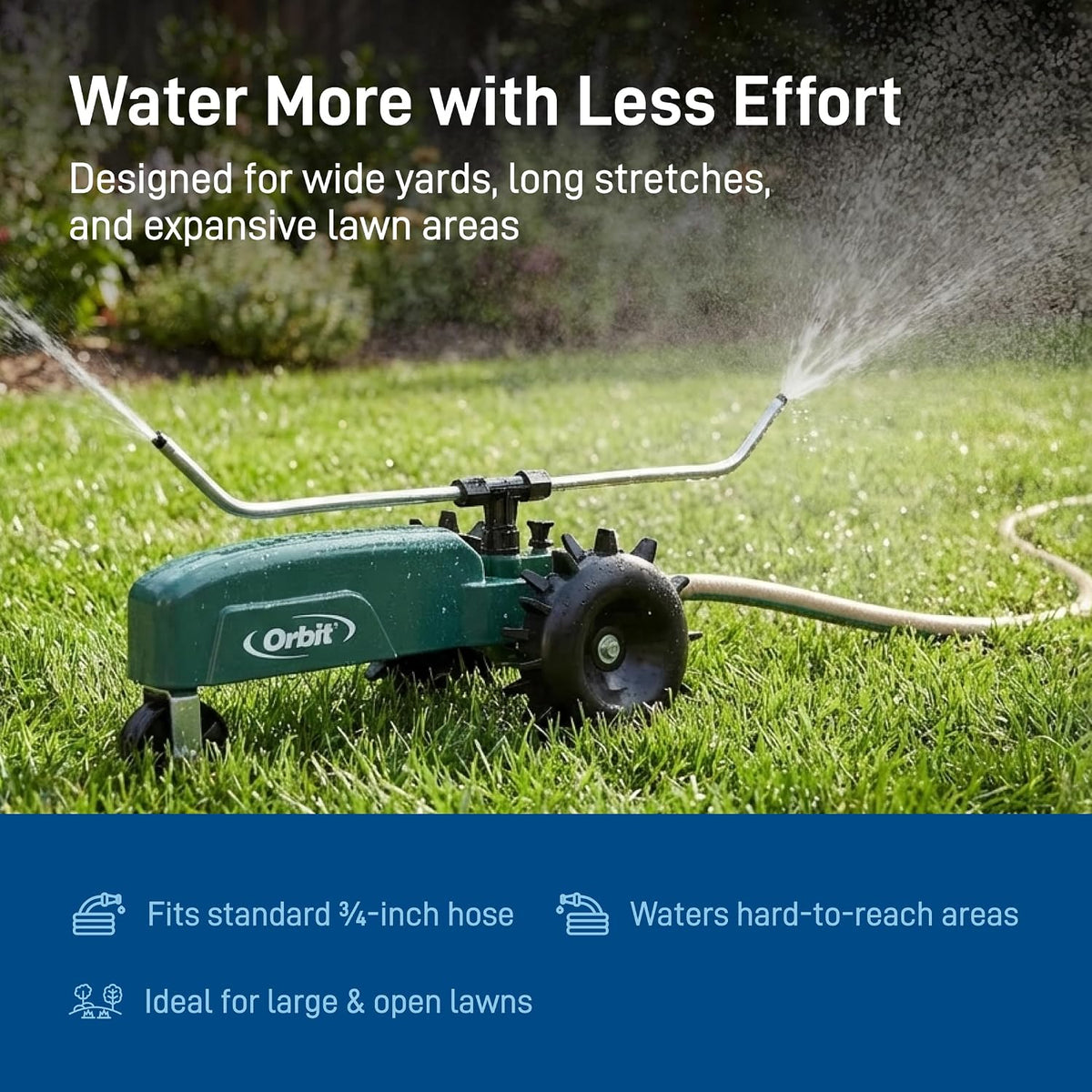 Traveling Tractor Water Sprinkler - Self-Propelled Traveling Sprinkler for Wide Lawn Coverage - Cast-Iron Body with Adjustable Coverage - Three-Speed - Automatic Shut Off - 58322