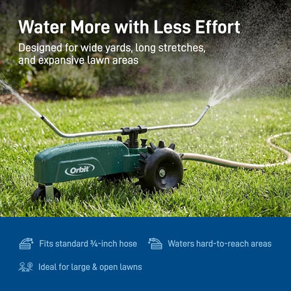 Traveling Tractor Water Sprinkler - Self-Propelled Traveling Sprinkler for Wide Lawn Coverage - Cast-Iron Body with Adjustable Coverage - Three-Speed - Automatic Shut Off - 58322