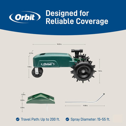 Traveling Tractor Water Sprinkler - Self-Propelled Traveling Sprinkler for Wide Lawn Coverage - Cast-Iron Body with Adjustable Coverage - Three-Speed - Automatic Shut Off - 58322