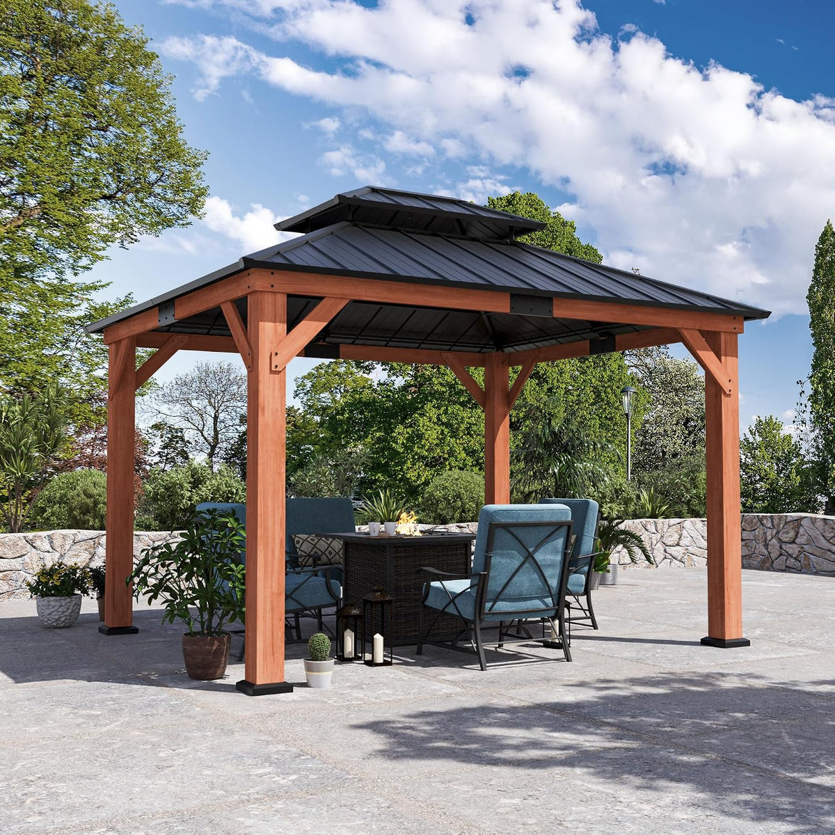 Big Leaf 12'x16' Wood Gazebo with Galvanized Steel Roof - Hardtop Gazebo with Cedar Frame Permanent Hardtop Pavilion with Mosquito Netting & Curtains for Garden, Backyard