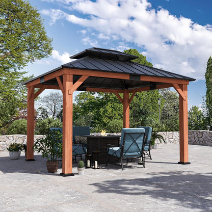 Big Leaf 12'x16' Wood Gazebo with Galvanized Steel Roof - Hardtop Gazebo with Cedar Frame Permanent Hardtop Pavilion with Mosquito Netting & Curtains for Garden, Backyard