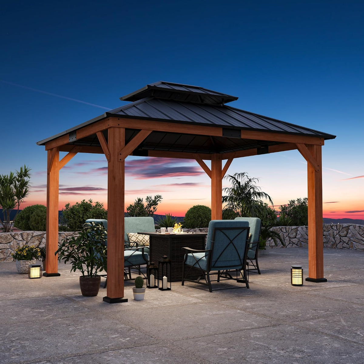 Big Leaf 12'x16' Wood Gazebo with Galvanized Steel Roof - Hardtop Gazebo with Cedar Frame Permanent Hardtop Pavilion with Mosquito Netting & Curtains for Garden, Backyard