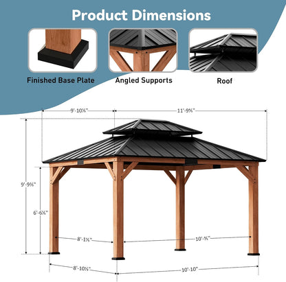 Big Leaf 12'x16' Wood Gazebo with Galvanized Steel Roof - Hardtop Gazebo with Cedar Frame Permanent Hardtop Pavilion with Mosquito Netting & Curtains for Garden, Backyard