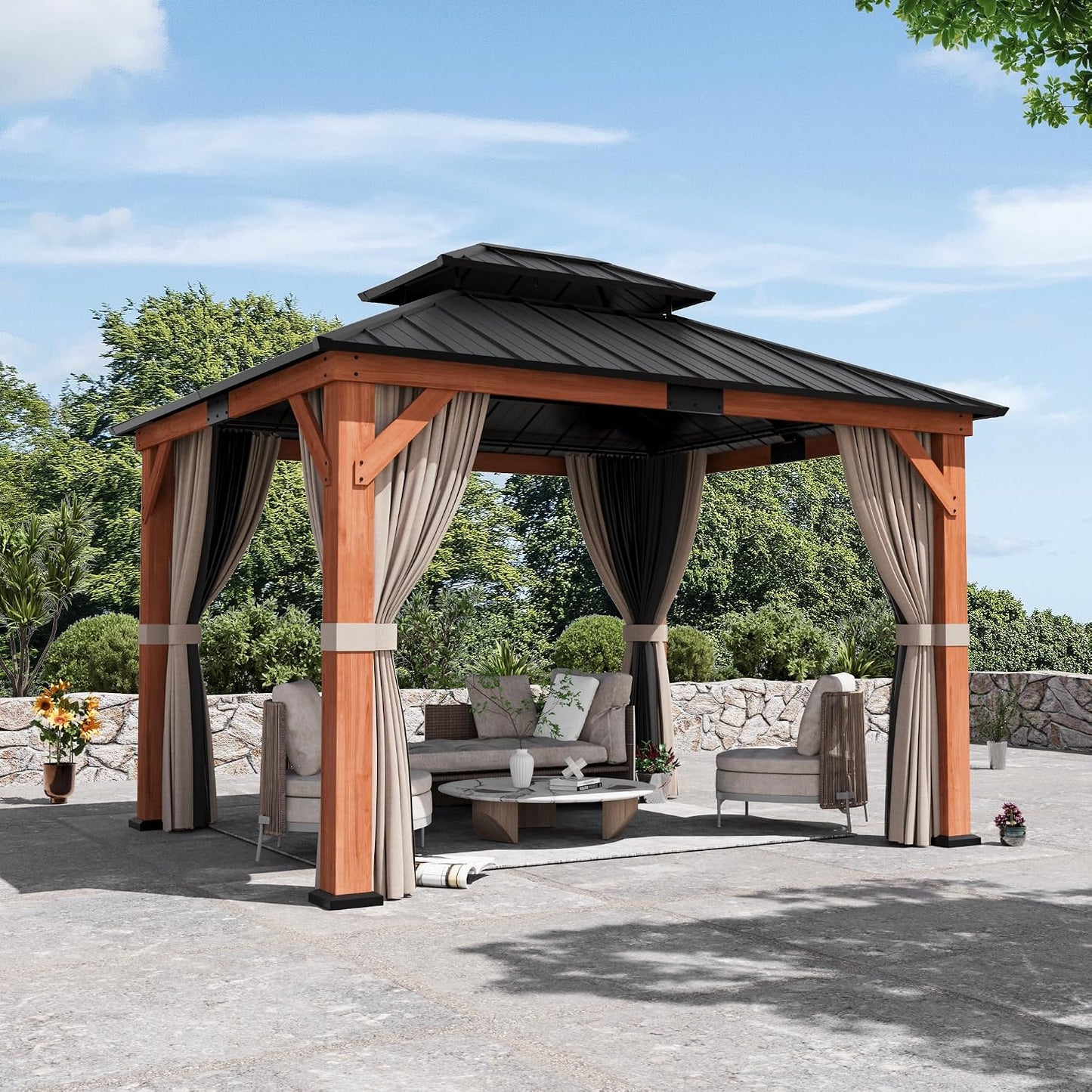 Big Leaf 12'x16' Wood Gazebo with Galvanized Steel Roof - Hardtop Gazebo with Cedar Frame Permanent Hardtop Pavilion with Mosquito Netting & Curtains for Garden, Backyard