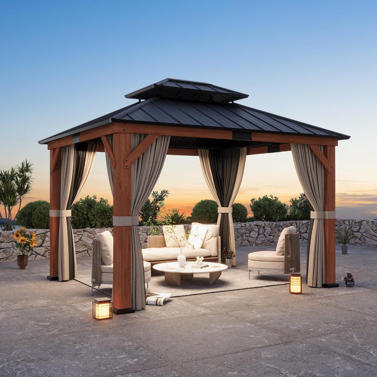 Big Leaf 12'x16' Wood Gazebo with Galvanized Steel Roof - Hardtop Gazebo with Cedar Frame Permanent Hardtop Pavilion with Mosquito Netting & Curtains for Garden, Backyard