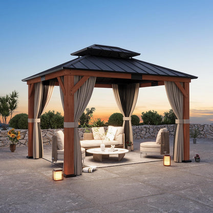 Big Leaf 12'x16' Wood Gazebo with Galvanized Steel Roof - Hardtop Gazebo with Cedar Frame Permanent Hardtop Pavilion with Mosquito Netting & Curtains for Garden, Backyard