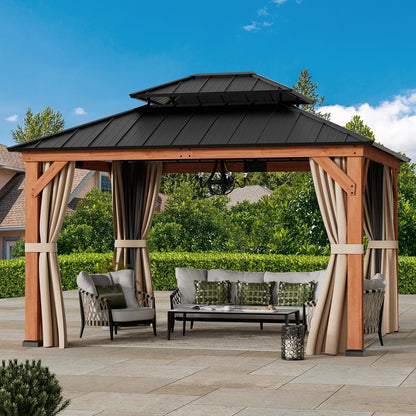 Big Leaf 12'x16' Wood Gazebo with Galvanized Steel Roof - Hardtop Gazebo with Cedar Frame Permanent Hardtop Pavilion with Mosquito Netting & Curtains for Garden, Backyard