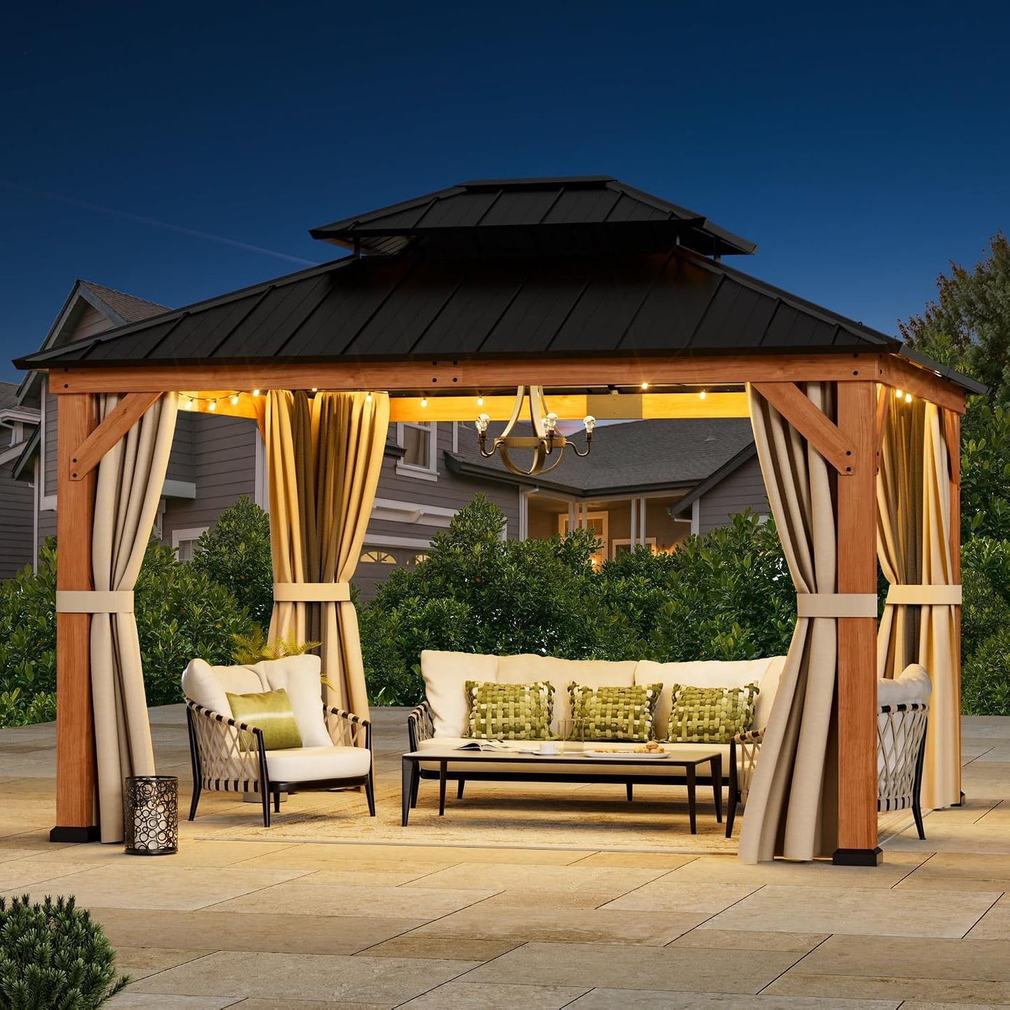 Big Leaf 12'x16' Wood Gazebo with Galvanized Steel Roof - Hardtop Gazebo with Cedar Frame Permanent Hardtop Pavilion with Mosquito Netting & Curtains for Garden, Backyard