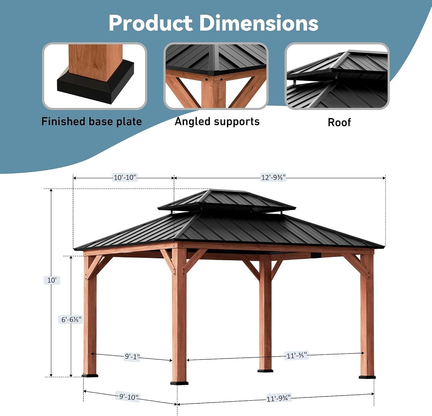 Big Leaf 12'x16' Wood Gazebo with Galvanized Steel Roof - Hardtop Gazebo with Cedar Frame Permanent Hardtop Pavilion with Mosquito Netting & Curtains for Garden, Backyard