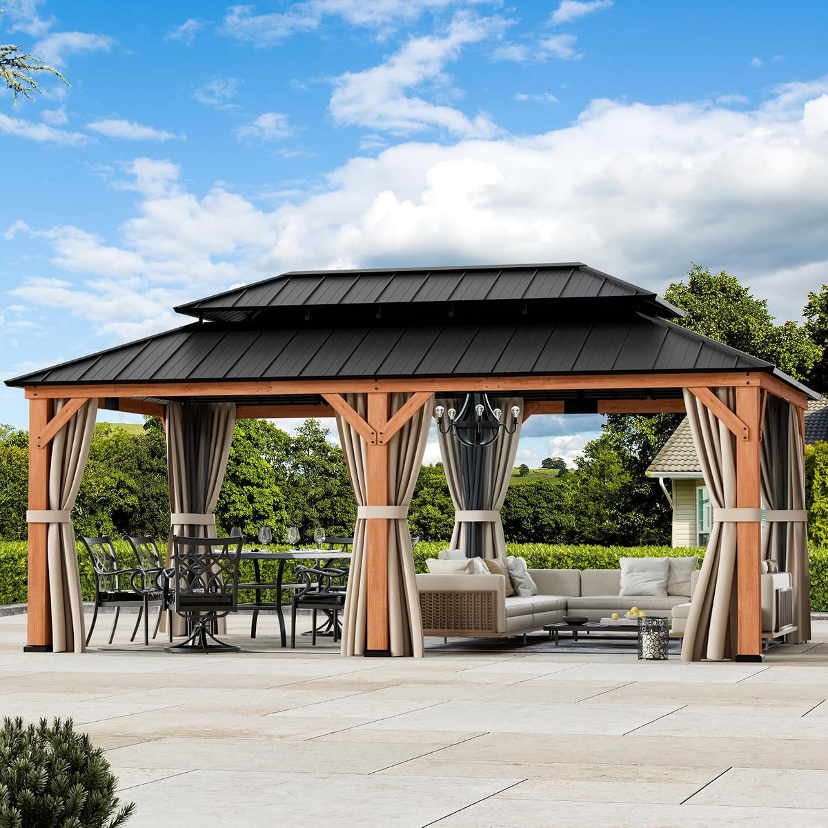Big Leaf 12'x16' Wood Gazebo with Galvanized Steel Roof - Hardtop Gazebo with Cedar Frame Permanent Hardtop Pavilion with Mosquito Netting & Curtains for Garden, Backyard